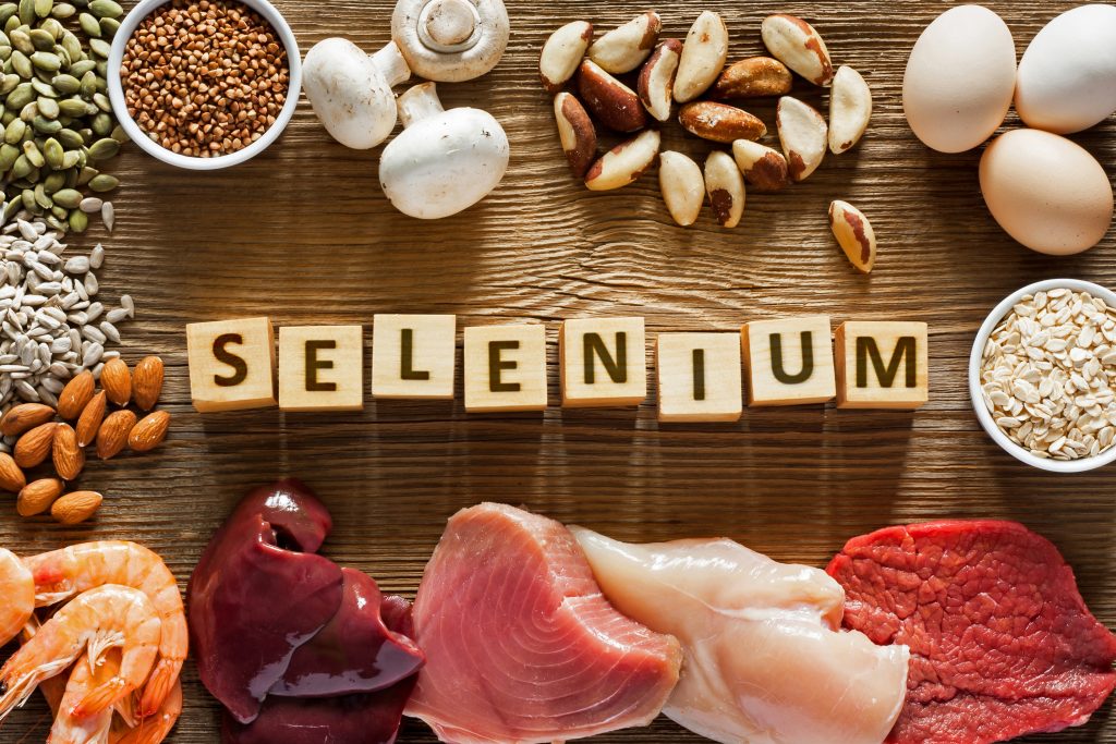 Foods High in Selenium as brasil nuts, tuna, shrimps, beef, liver, mushrooms, pumpkin seeds, sunflower seeds, buckwheat, oatmeal, almonds and eggs.